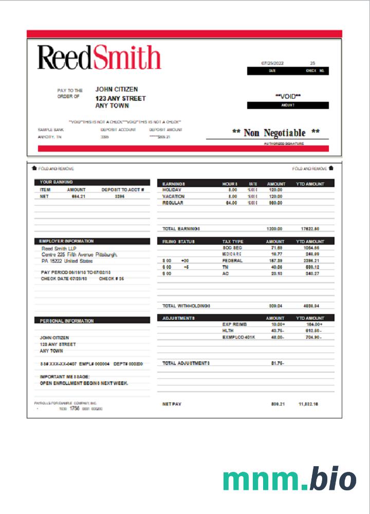 USA Reed Smith LLP Law company pay stub